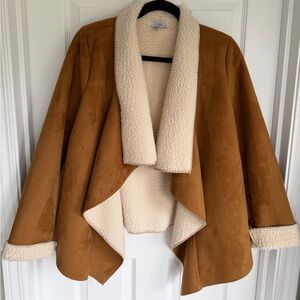 Tobi Camel Suede-Look Teddy Draped Jacket with Cream Sherpa